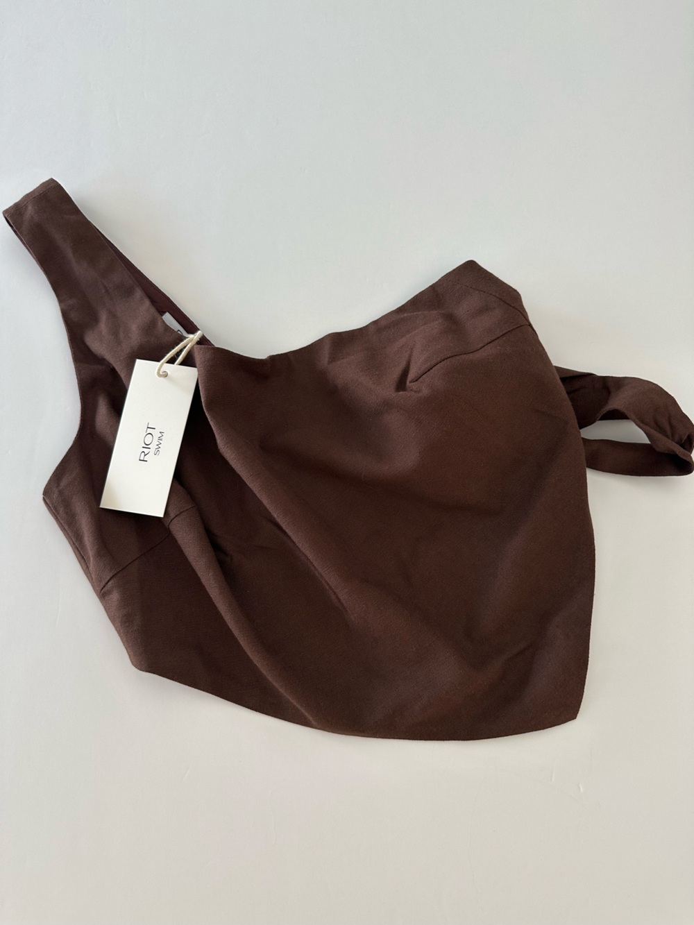 Riot Swim Women’s Brown Asymmetrical Linen One Shoulder Crop Top With Back Tie M